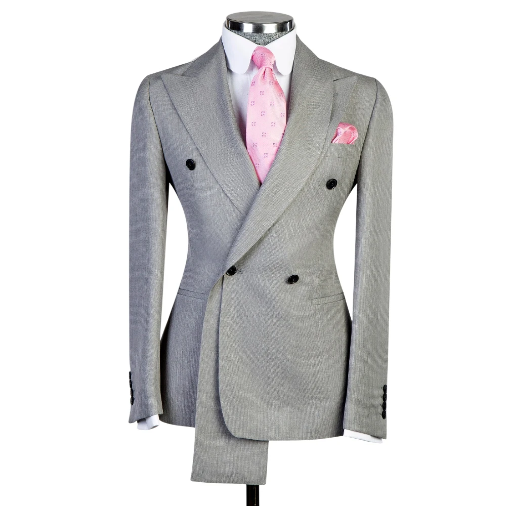 남성용 회색 비즈니스 정장, 웨딩 더블 브레스티드 프롬 블레이저, 맞춤형 2피스 신랑 디너 파티 웨딩 턱시도, 맞춤 제작