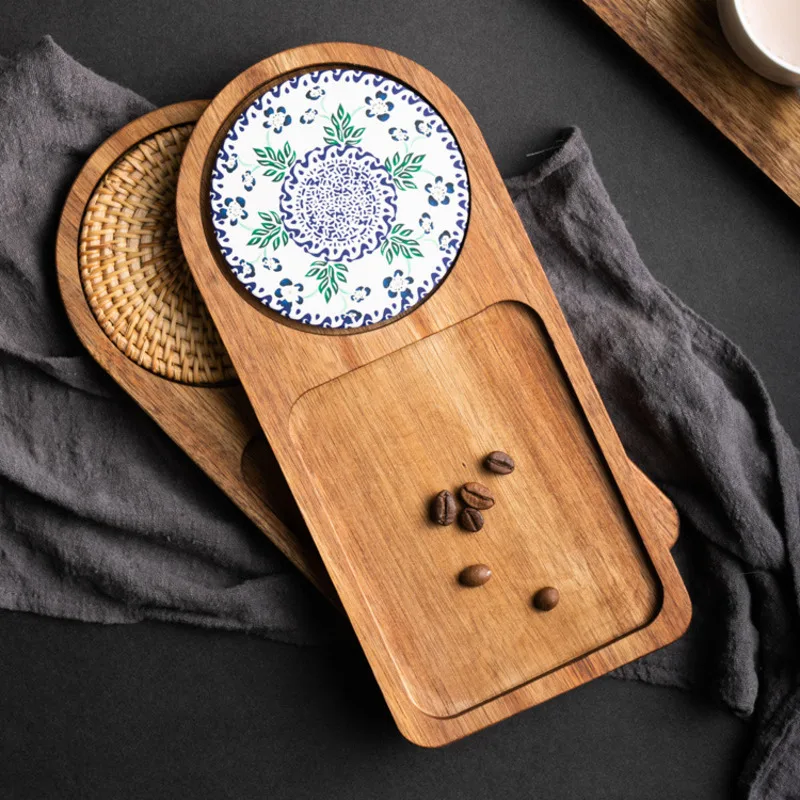 Japanese Solid Wood Teacup Tray Restaurant Kitchen Coffee Ceramic Coaster Retro Bread And Dessert Breakfast Plate