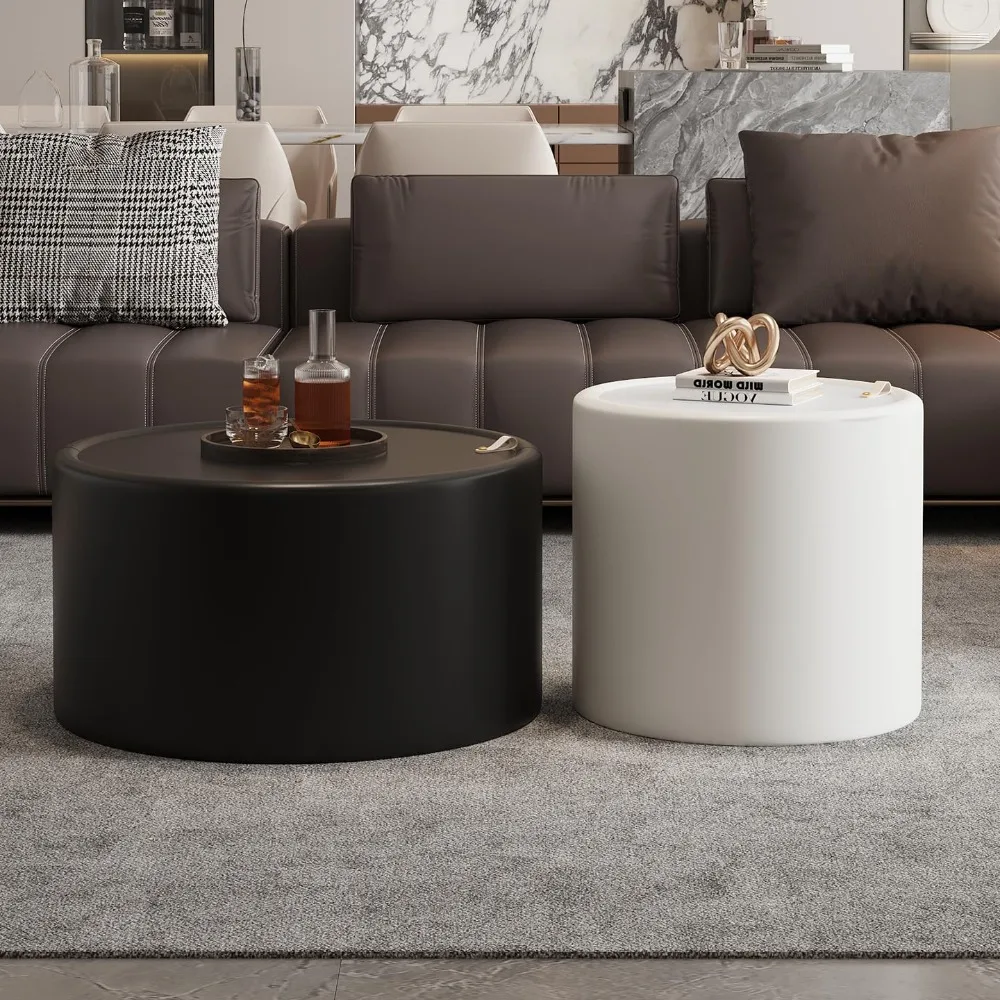 

Round Coffee Table Set with Hidden Storage, 27.56" Black Drum Center Table and 19.69" White Coffee Table Set, Customized