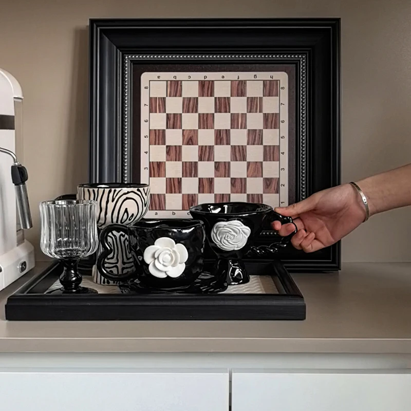 

Retro Camellia Coffee Cup Saucer Black Hand Pinch Flower Goblet, Household Afternoon Tea Ceramics