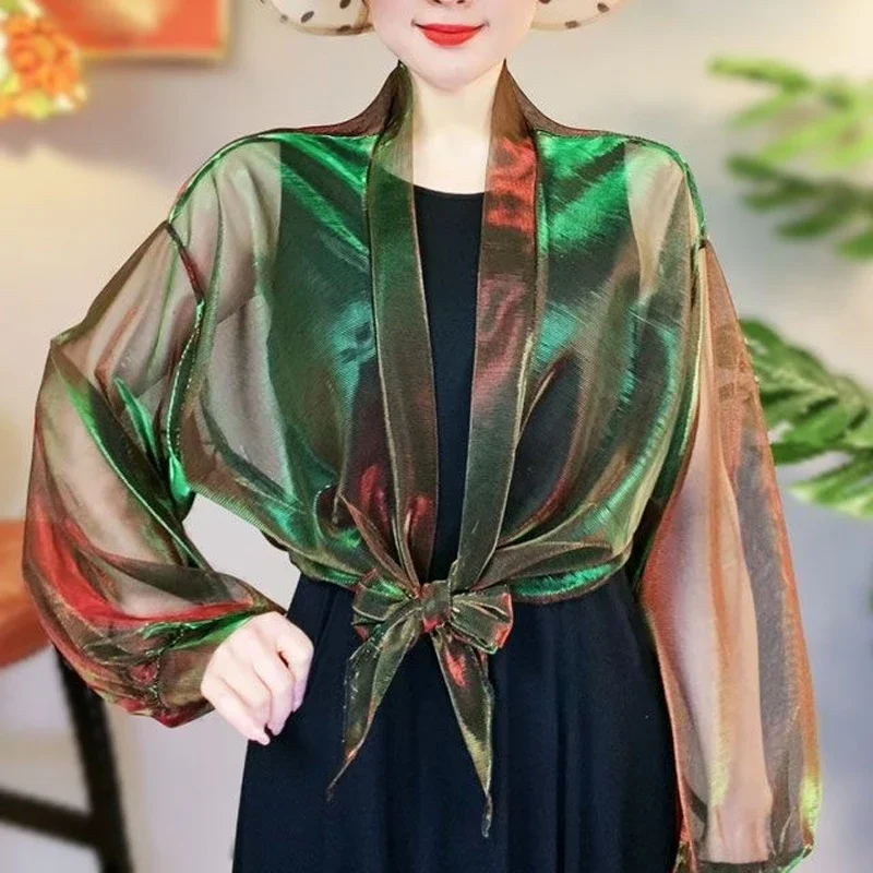 Summer New Thin Simplicity Bandage Vintage Short Blouse Loose All-match Temperament Shirt Tops Casual Fashion Women Clothing