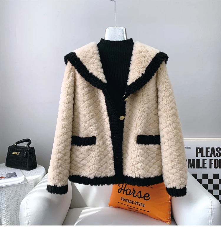 Donna ragazza pelliccia di lana di agnello cappotto con colletto blu Navy donna signora Shearling giacca corta invernale cappotto caldo JT3236