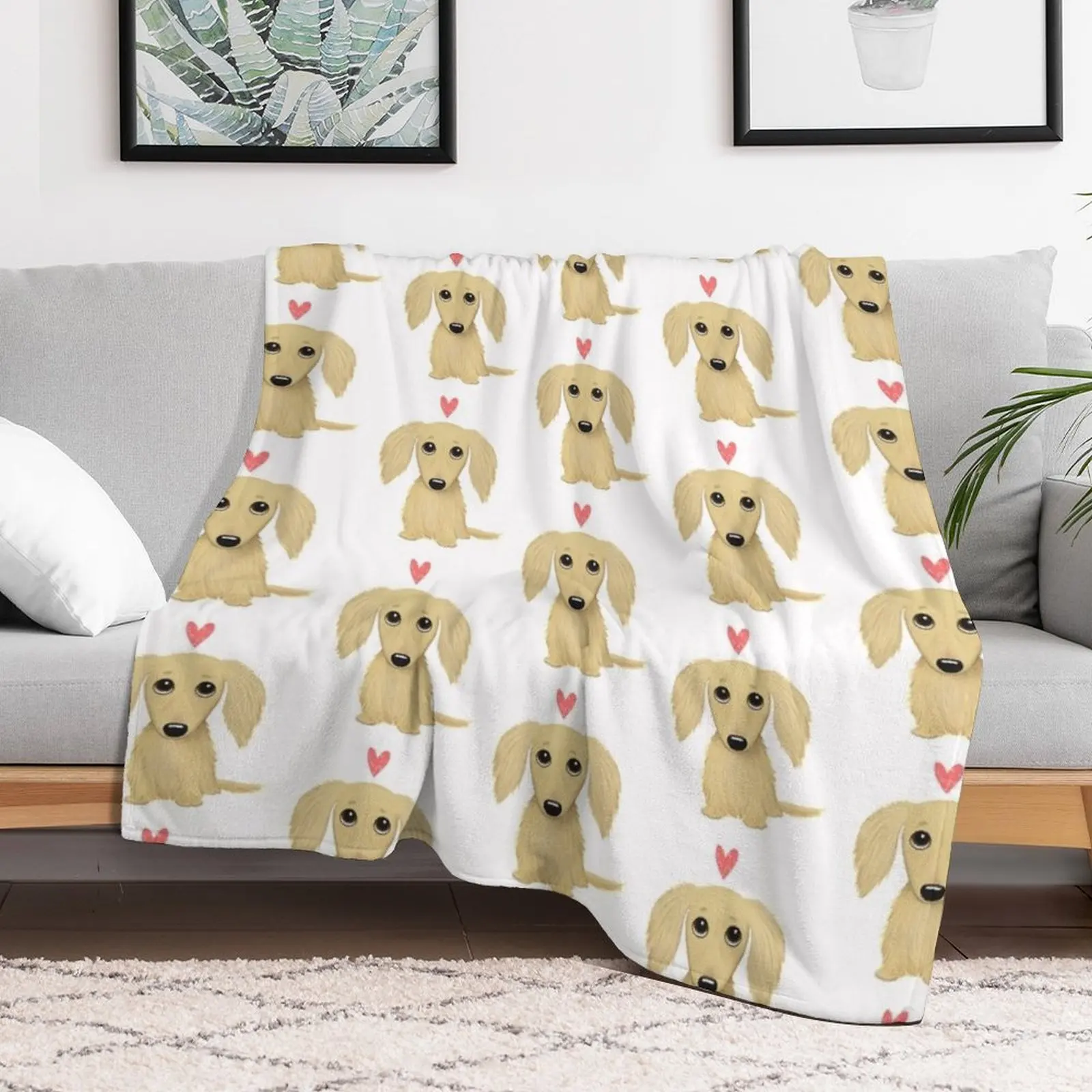 Longhaired Cream Dachshund Cartoon Dog with Heart Throw Blanket Hair Extra Large Throw For Baby Blankets