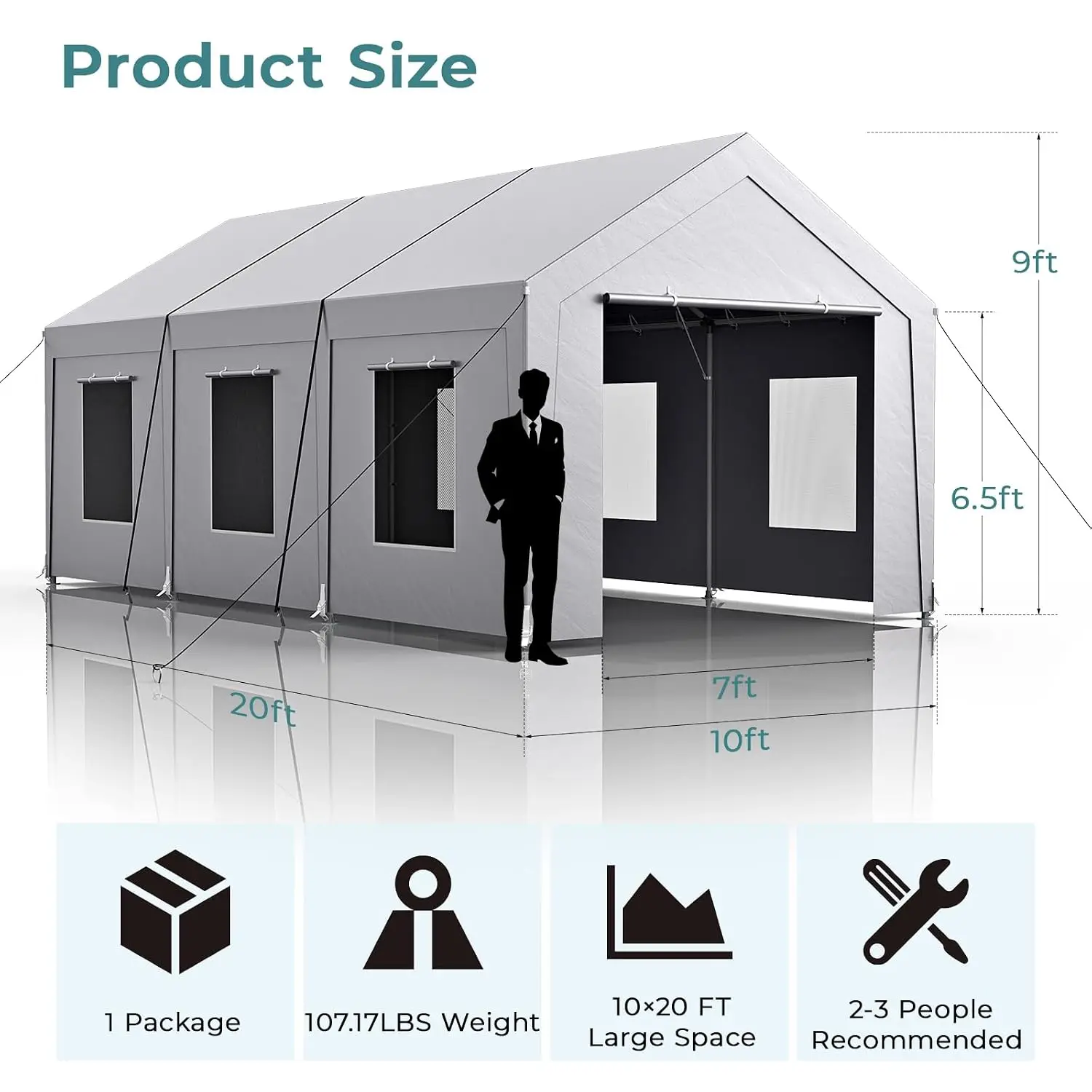 Carport 10x20 ft Heavy Duty, Car Port with Reinforced Steel Frame and 6 Roll-up Windows,Portable Garage with Sturdy Ground Nails