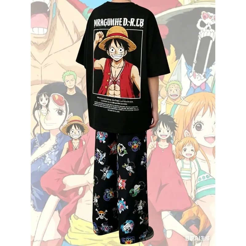 

2026 New One Piece Monkey D. Luffy Straw Hat Print Pajama Set T-shirt & Pants Unisex Anime Sleepwear Soft Breathable Loungewear