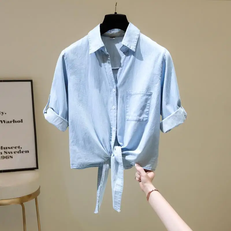 Summer Women Denim Shirts Fashion Hem Tie a Knot Jeans Cape Jacket Thin Loose Short Tops