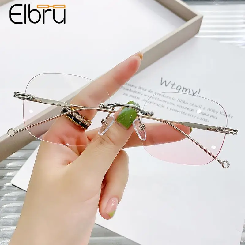 

Elbru Anti Blue Light Computer Myopia Glasses Women Men Frameless Clear Pink Lens Nearsighted Eyeglasses Diopters 0~-600 Unisex