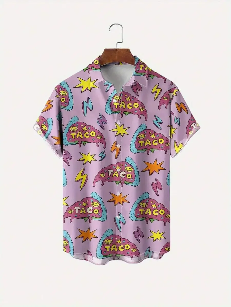 

Colorful Taco And Lightning Print 3D Short Sleeve Casual Button Down Shirt For Men