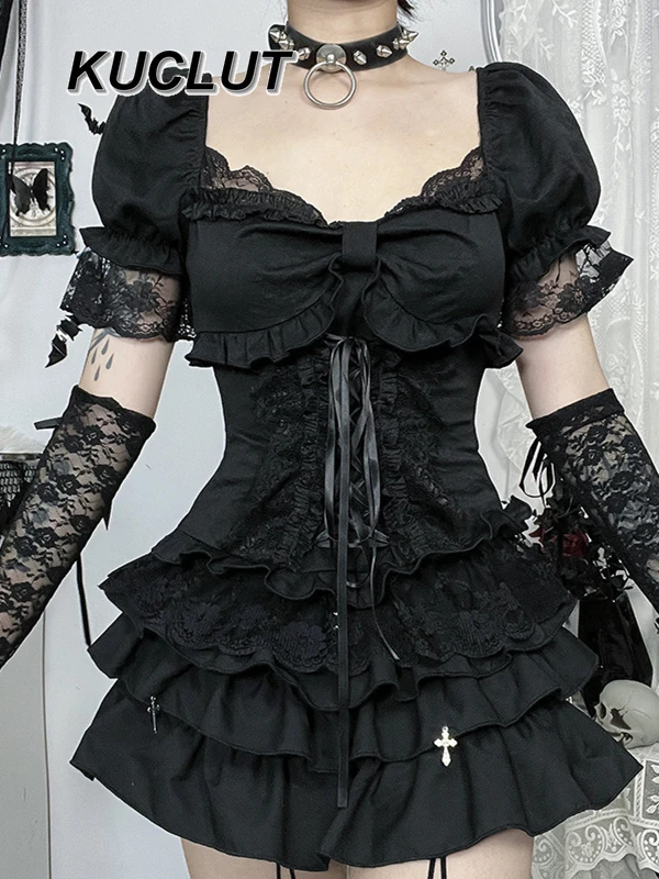 

Punk Style Subculture Black Lace Short Sleeve Top Dark Goth Sexy Shirt Fashion Solid Color Casual T-Shirts Fo Women Summer Tee