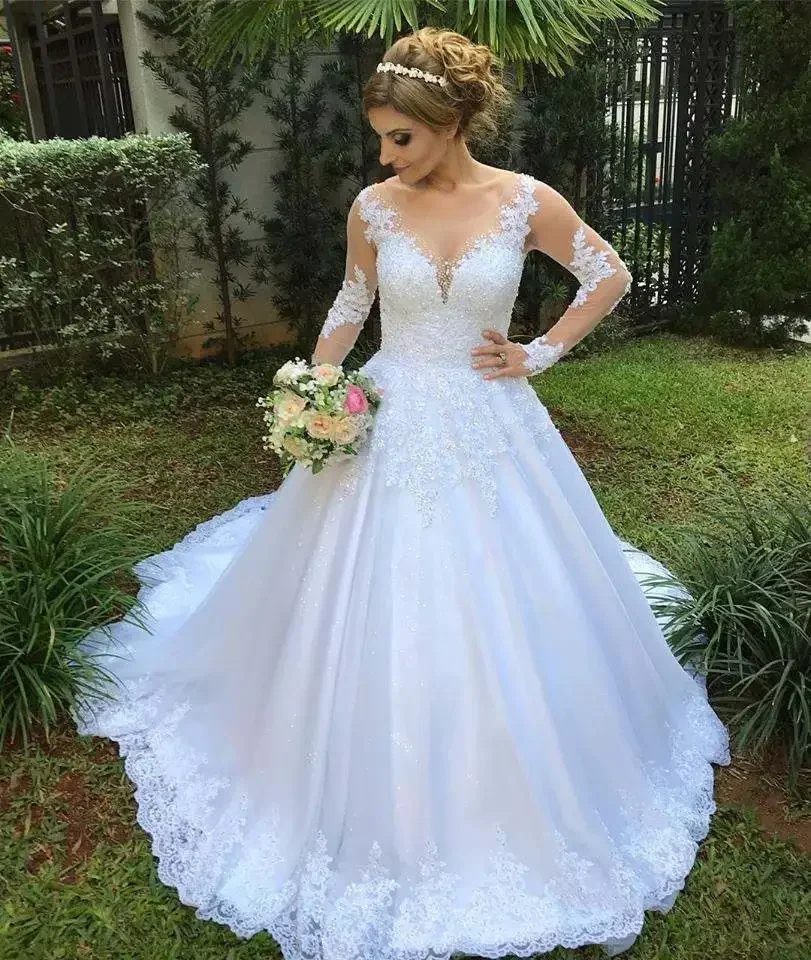 Customized Vestido De Noiva Illusion Long Sleeves Ball Gown Wedding Dress 2025  Long Sleeve Lace Appliques Bridal Gowns