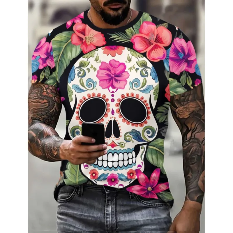 Summer New Men's Halloween Pattern Printed T-shirt Top Unique Personality Fashion Street Style Trendy Loose Comfortable T-shirt