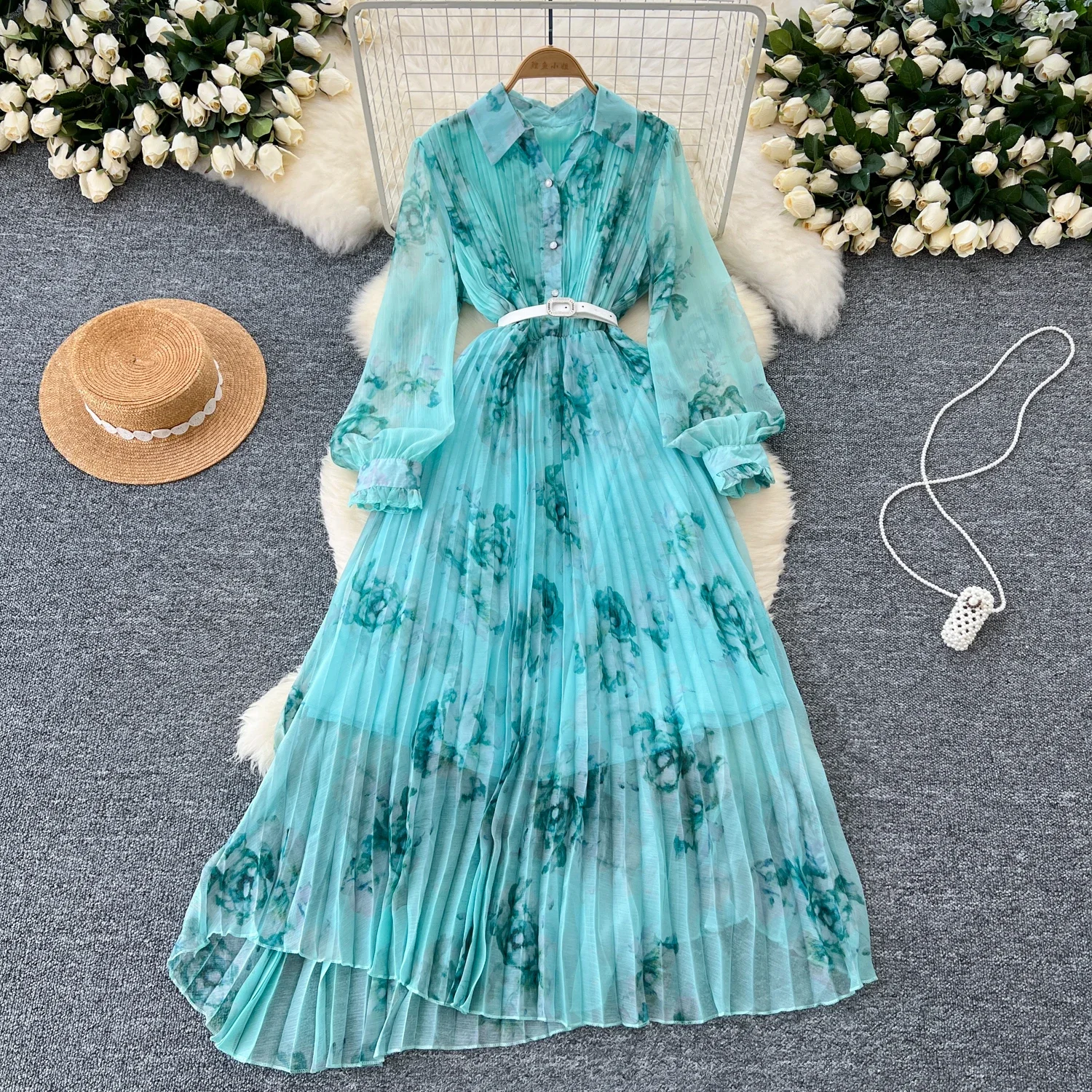 French Vintage  Elegant Lapel  Lantern Sleeve Print Single Breasted Pleated  Dress Women Basics Fashion Summer Spring Dresses