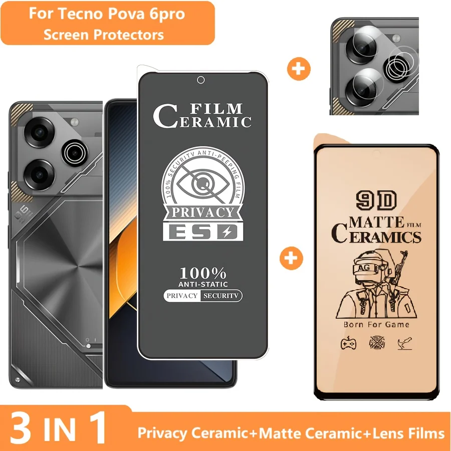 

3-in-1 for Tecno Pova 6pro Screen Protector Pova6 Pro Privacy Film +Lens Films + Soft Ceramic Matte Film