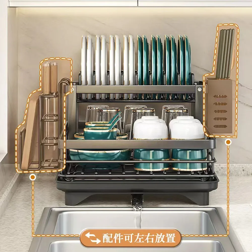 Adjustable Kitchen Plates Organizer Dish Drying Rack 1/2 Tiers Kitchen Utensils Storage Rack Bowls Knife Fork Pot Lid Holder