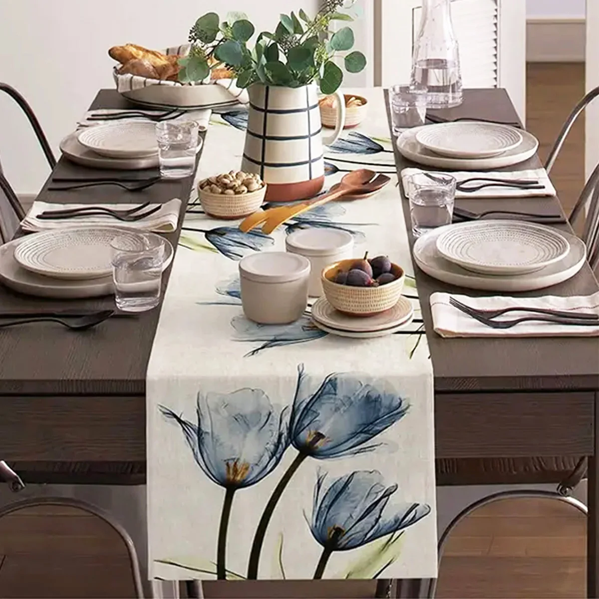 1 قطعة الأزرق والبرتقالي توليب الكتان الجدول ريفي مزرعة نمط الجدول عداء 13x72 بوصة ، المطبخ طاولة طعام الديكور
