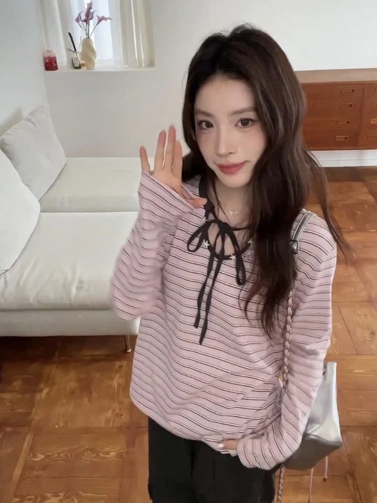 

Женский пуловер в розовую полоску в консервативном стиле, новинка 2025, корейский модный пуловер с длинными рукавами, уличная одежда, топы большого размера в стиле ретро Y2k