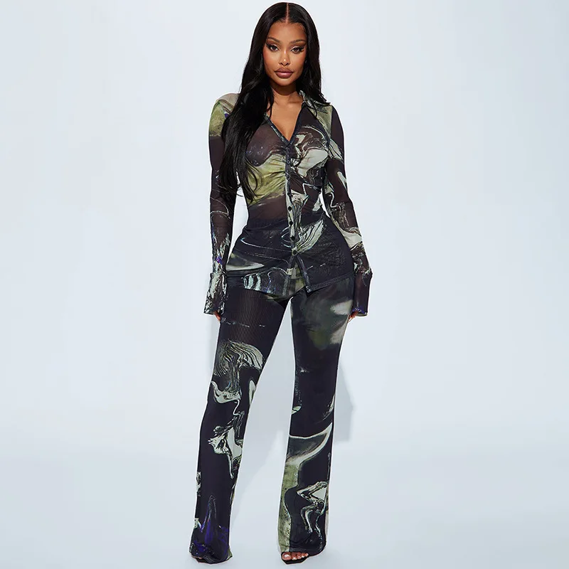 

Printed Wrinkle Shirt+Wide-leg Pants Two Piece Sets Women Spring Summer Casual Loose Long-sleeved Shirts And Pants Sets