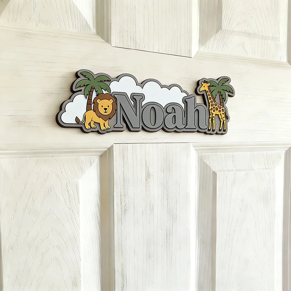Whimsical Jungle Friends Custom Name Plaque, Cute Lion & Giraffe 3D Wooden Sign, Unisex Kids Room Decor, Tropical Safari Nursery