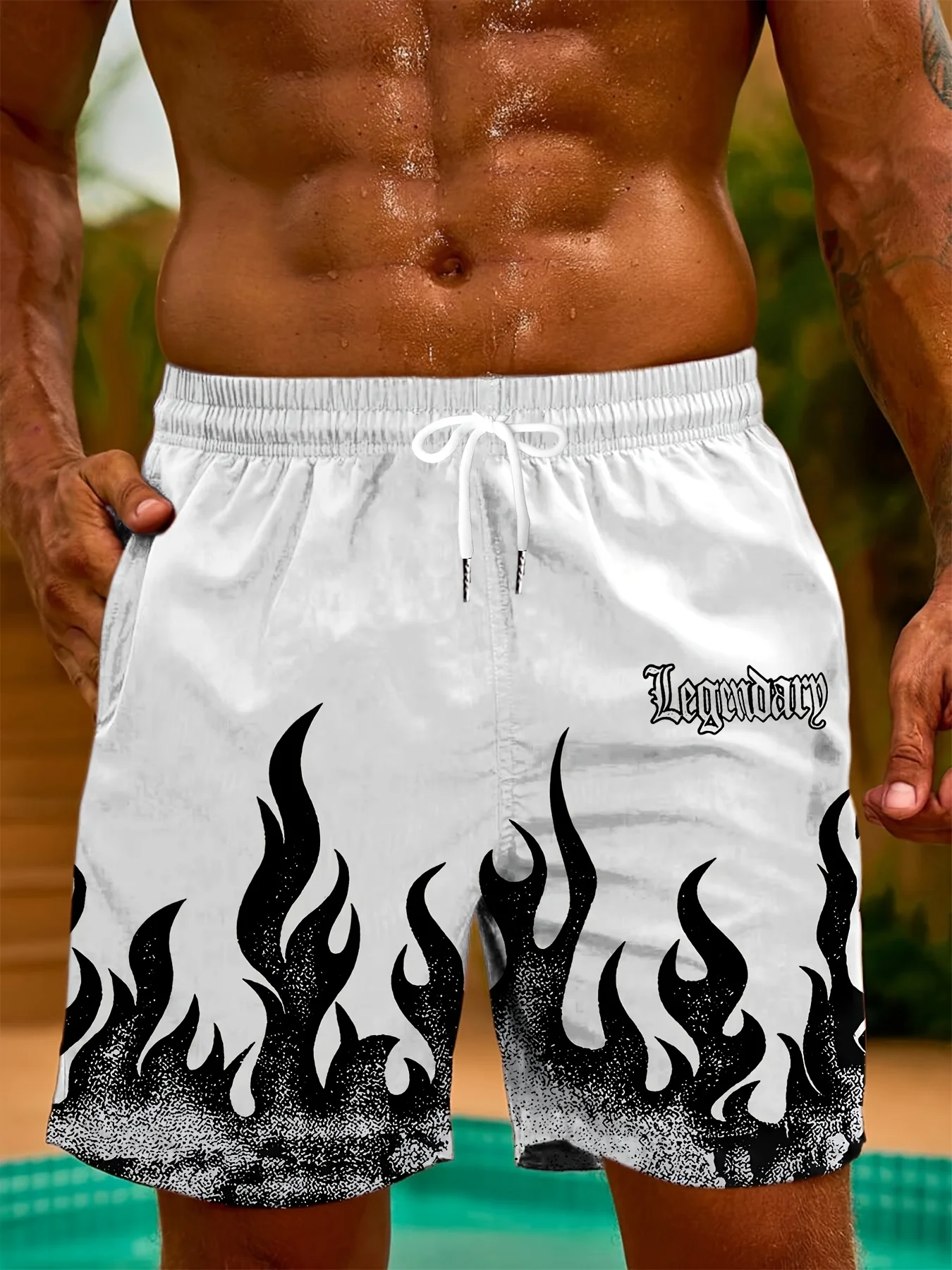 

Новые летние повседневные, модные, мягкие, удобные, легкие и дышащие мужские шорты с 3D-принтом и пламенным принтом.