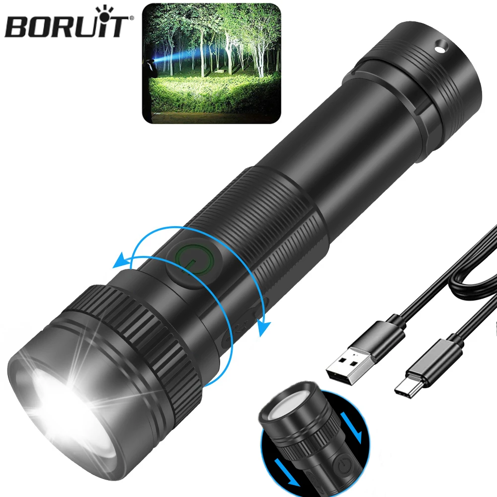 BORUIT senter LED, Senter LED Zoom kuat 18650 Tipe C dapat diisi ulang, lampu sorot tahan air, lampu memancing berkemah, lampu tangan patroli