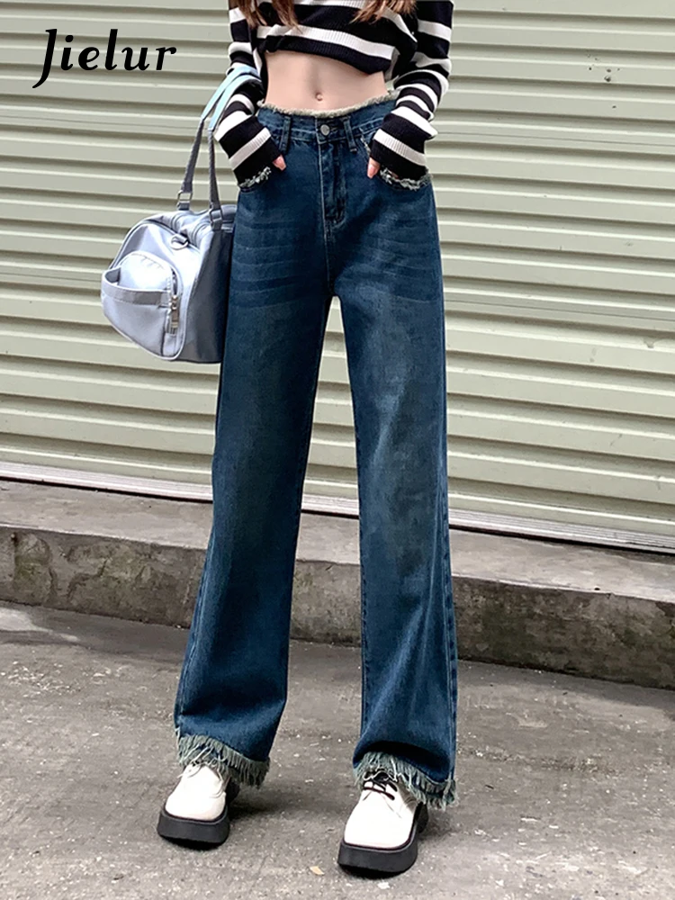 

Jielur Fringed Jeans for Women Blue High Waist Straight Wide Leg Pants Street Fashion Denim Pants Loose Comfortable Jeans Female