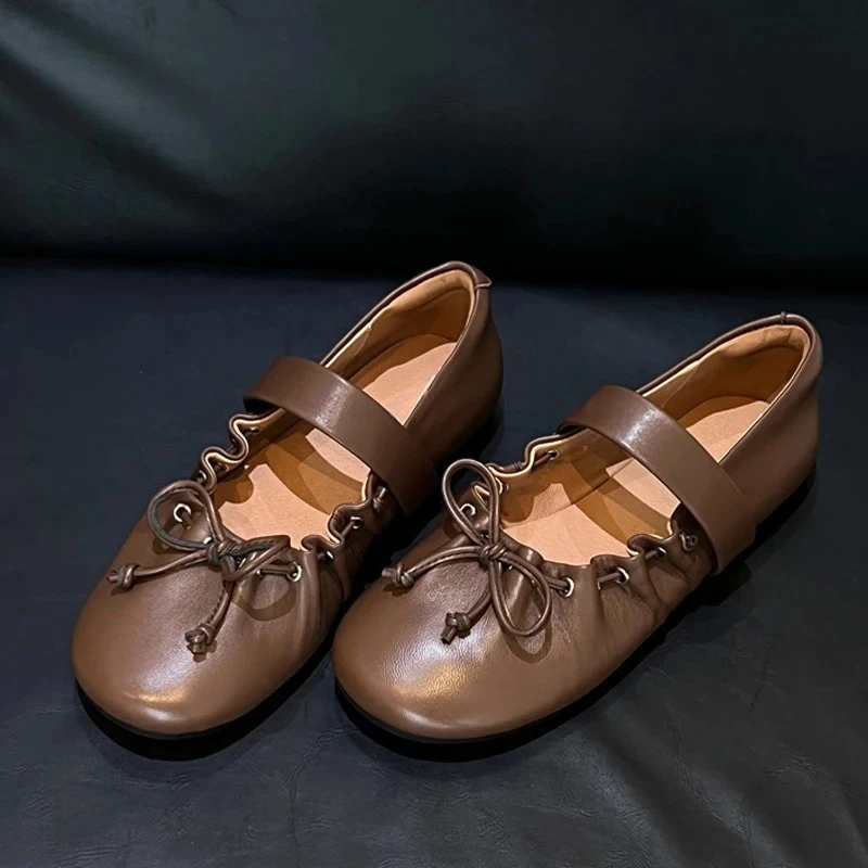 Spring Loafers Women Shoes Fashion Pleated Leather Mary Jane Flats Runway Drawstring Bow Detail Ruffled Ballet Shoe