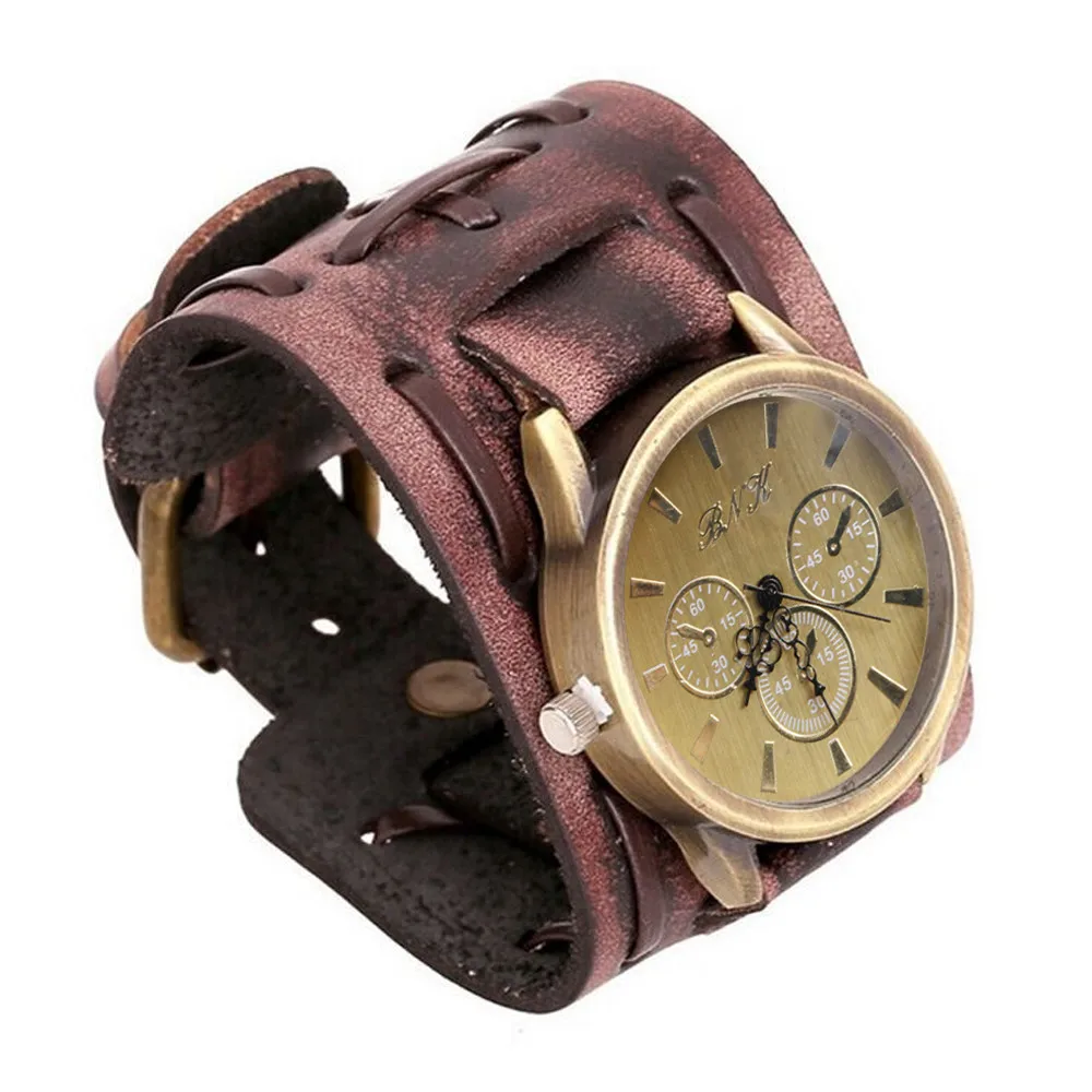 Men'S Cool Worn Wide Cuff Leather Watch Band Watch Retro Punk Style Men'S Stainless Steel Quartz Watch Relogios Masculino