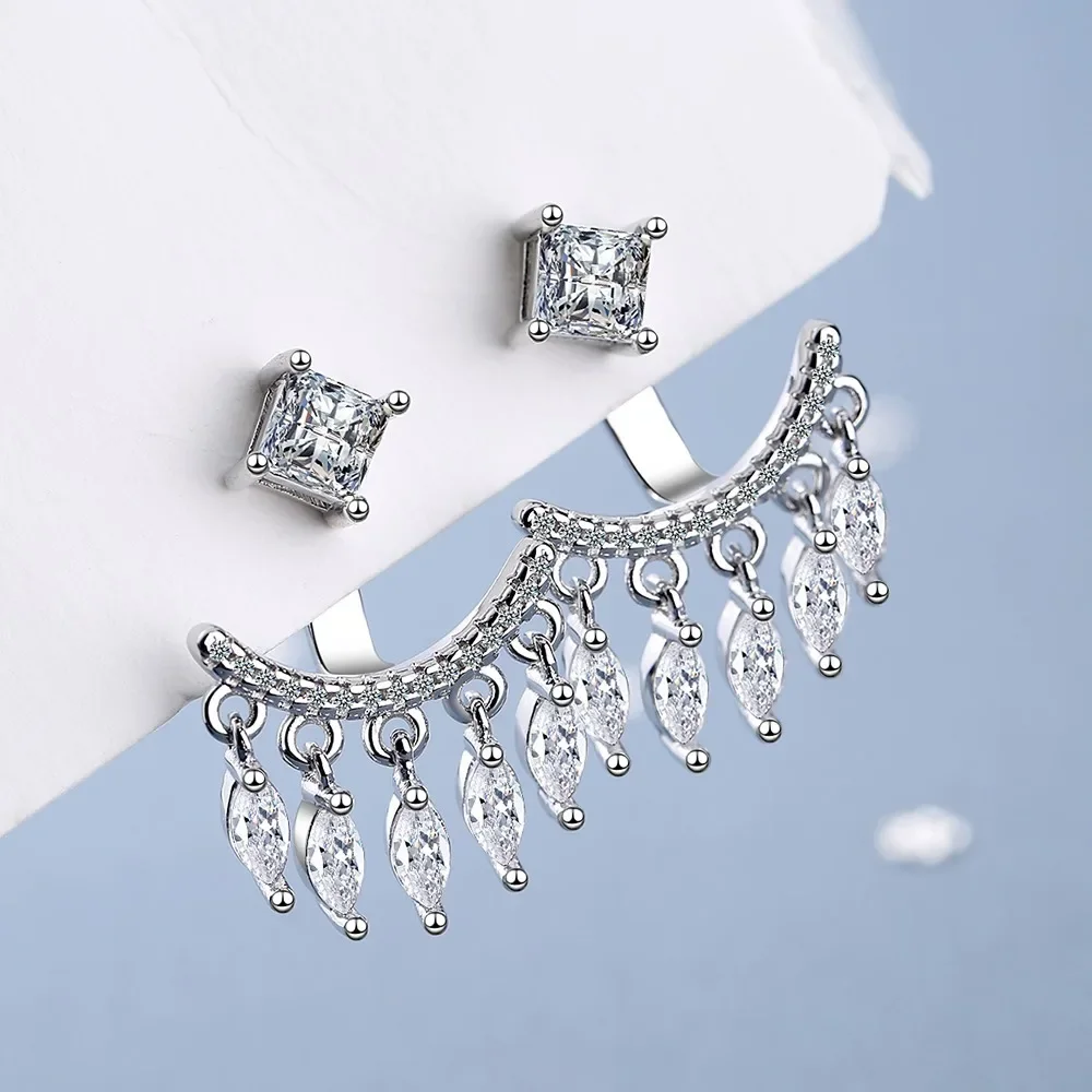 New Women's Luxury 925 Sterling Silver Jewelry High Quality Tassels Crystal Zircon Simple Retro Fan-shaped Wedding Earrings