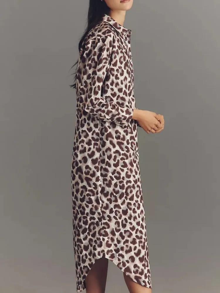 Beautyblue Leopard Print V Neck Dress Women's Fashion Shirt Dresses New Loose Buttoned Spring Elegant Party Long Sleeve Dress