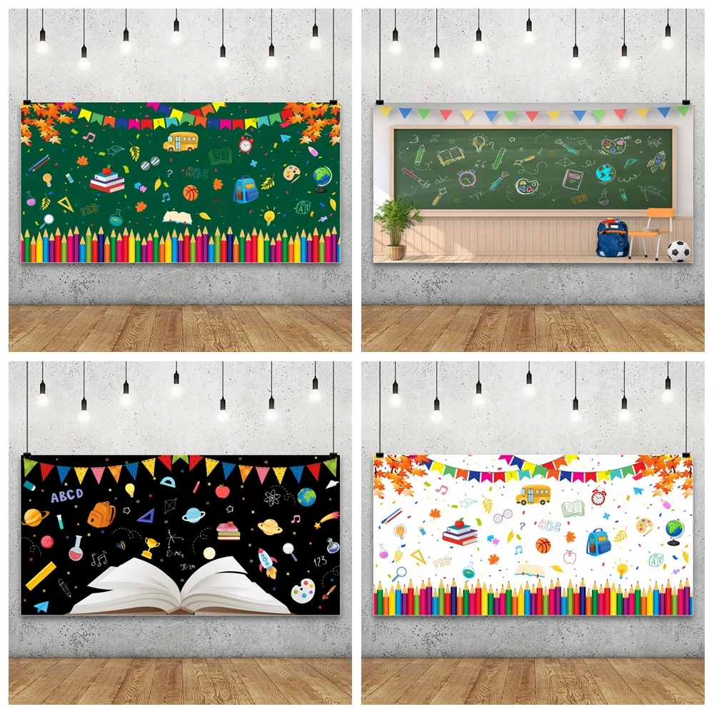 

Welcome Back To School Background Black Chalkboard Globe Pencil Book Classroom Students Portrait 600x300cm Photo Backdrop Studio