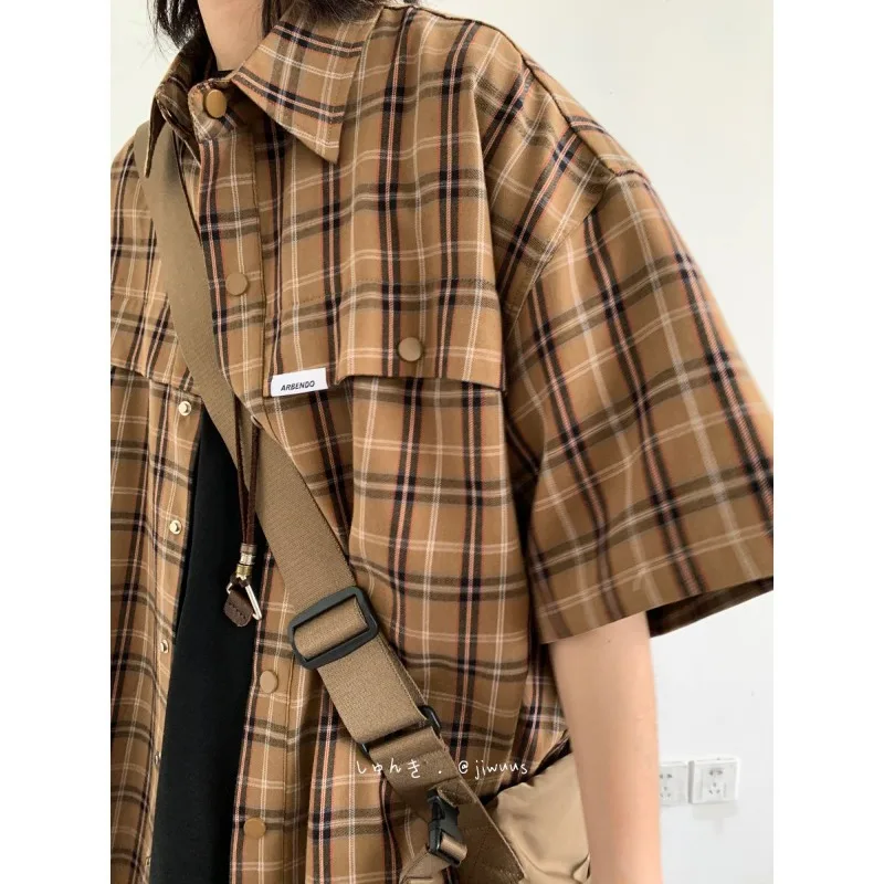 

Oversized Plaid Short Sleeve Shirts For Men Japanese Streetwear Loose Fit Button Down Casual Shirt With Chest Pocket