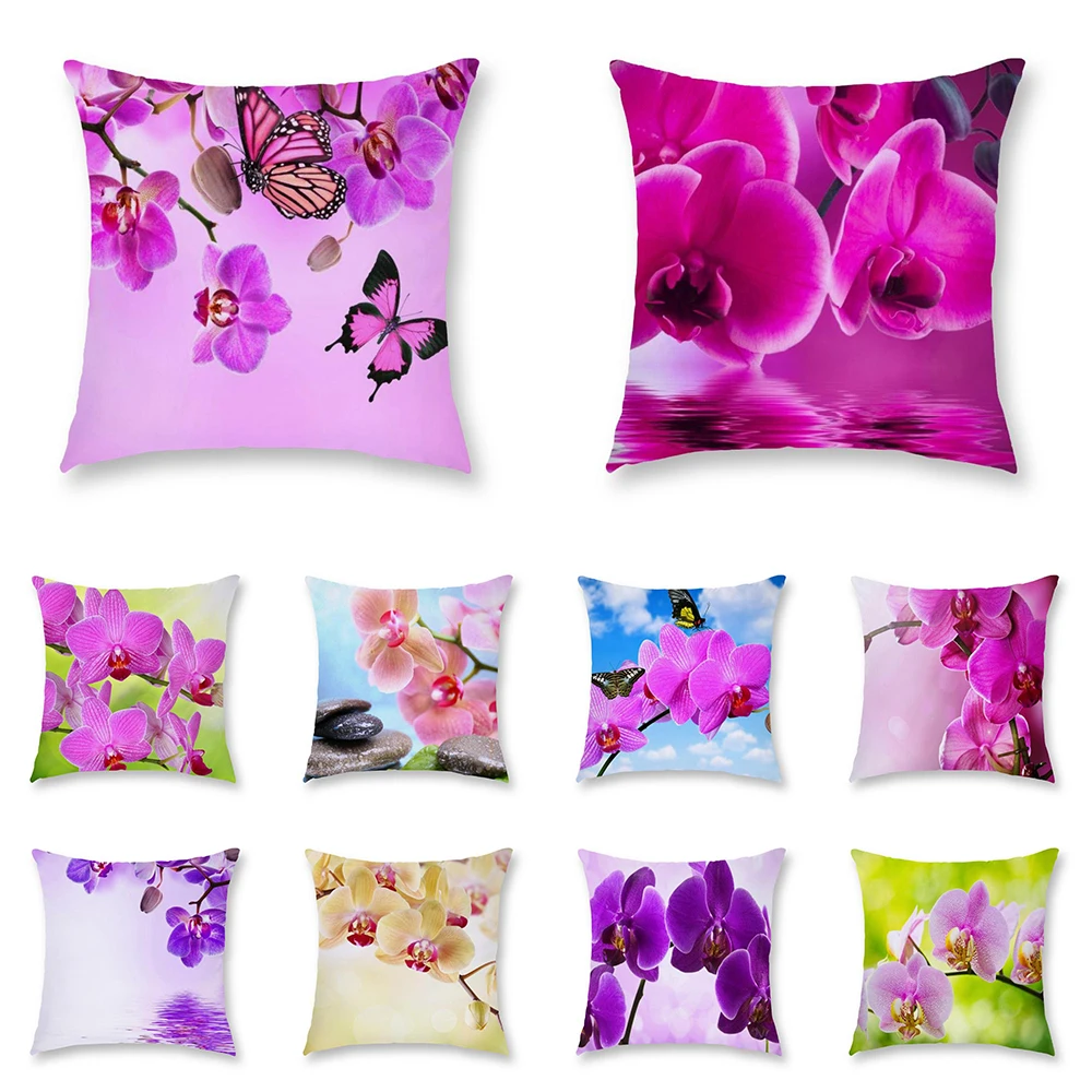 Colorful orchid printed pattern square polyester cushion cover for home living room sofa bedroom decoration pillowcase 45x45cm