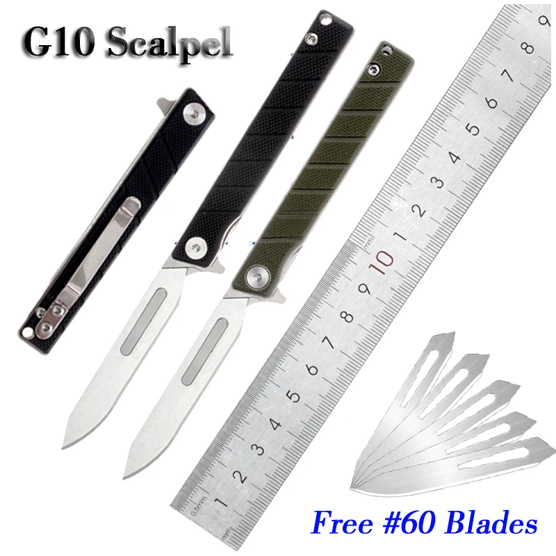 G10 Handle Scalpel Carbon Steel Removable Blade Folding Knife EDC Outdoor Unpacking Pocket Key Knife Self Defense Camping 60# Bl