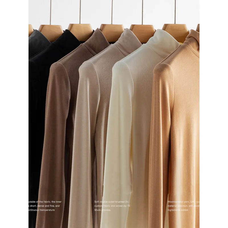 Double-Sided Brushed Thick T-shirt Winter Wool Self Heating Turtleneck Pile Collar Long Sleeve Warm Undershirt
