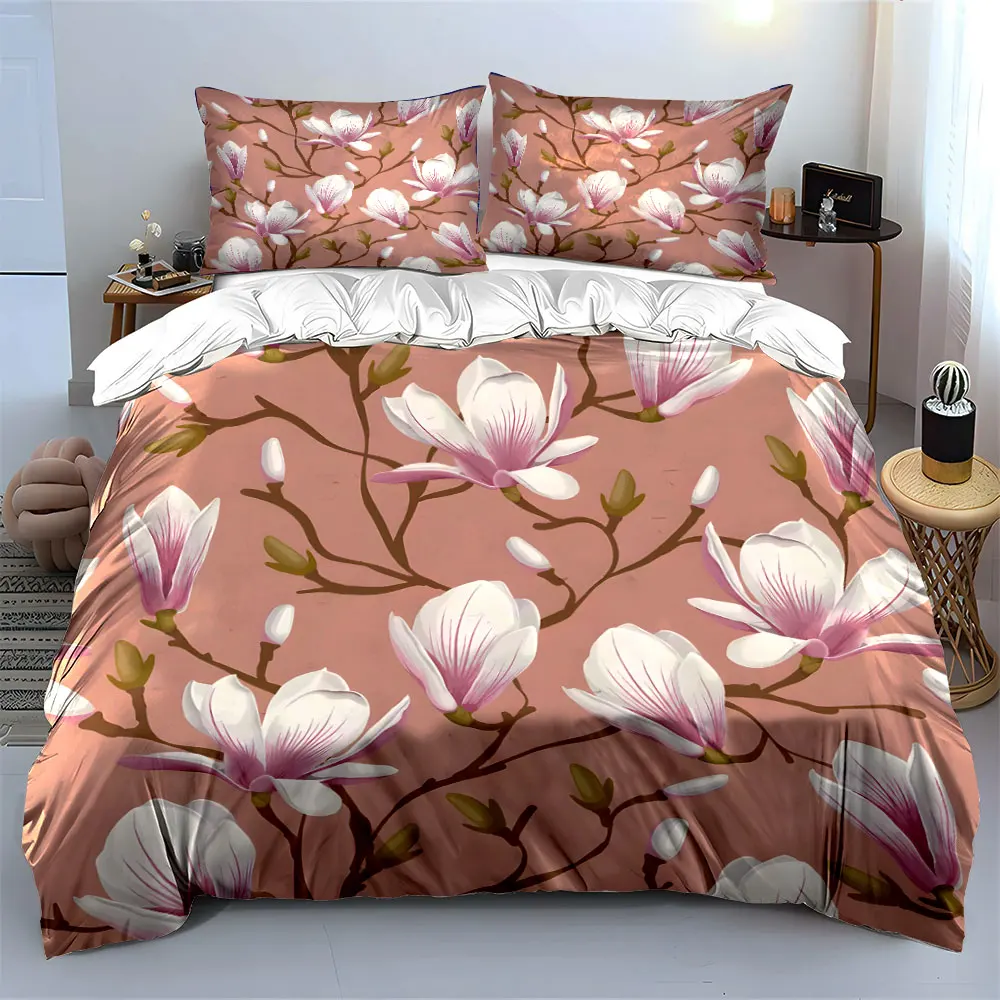 Elegant White Magnolia Pattern Duvet Cover Set Digital Print Colorful Polyester Bedding with Zipper Closur for kids gifts 3