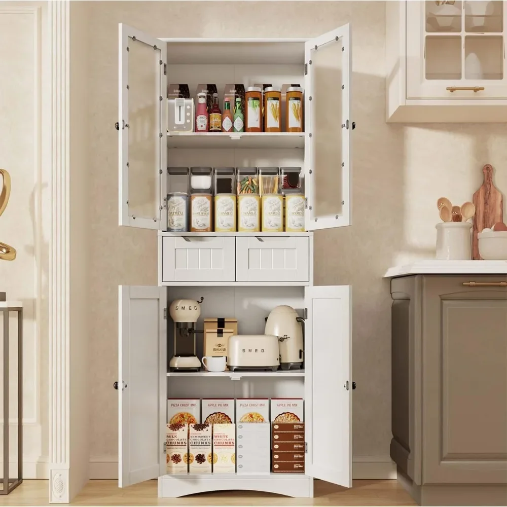 

67" Tall Storage Cabinet, Freestanding Kitchen Pantry Cabinet with Glass Door & 2 Shelves & 2 Drawers, Linen Storage Cabinet