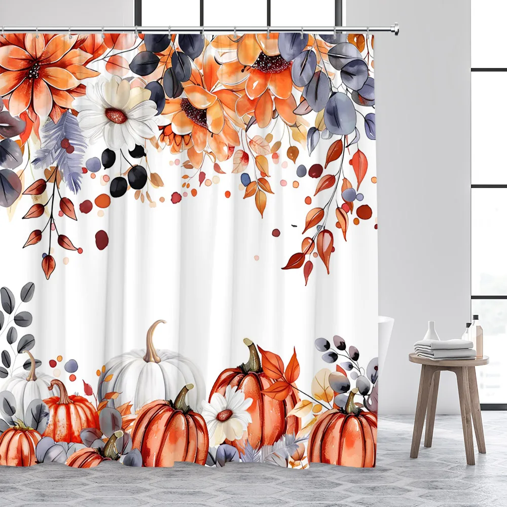 Autumn Shower Curtain Funny Cat Squirrel Pumpkin Tree Red Bird Fall Scenery Bath Curtains Fabric Home Bathroom Decor with Hooks