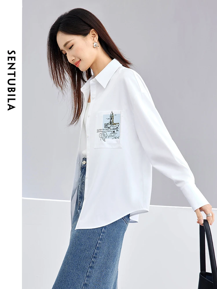 SENTUBILA Lapel Button Up Spring White Shirt 2024 Women\'s Long Sleeve Top Scenery Printed Casual Loose Women Blouse 141C52871