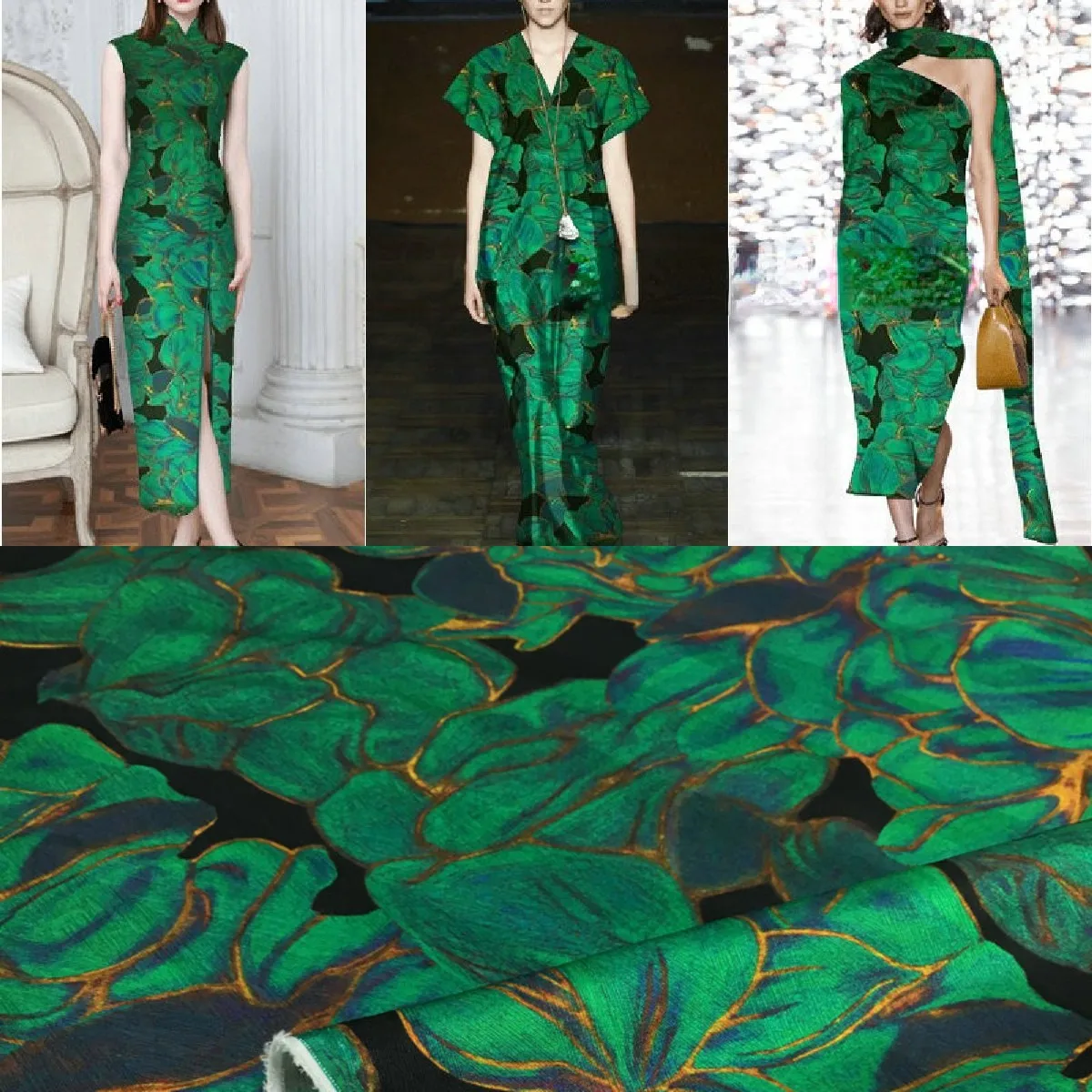 Herringbone Simulated Silk Satin Fabric Black Green Floral Print Polyester Shirt Dress for Sewing Designer Fabric Per Meter