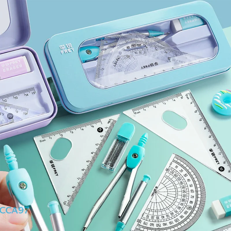 【A】7 Uds. Transportador de regla triangular, Kit de caja de regla específica para examen de estudiante de goma, juegos de brújula y regla, suministros escolares