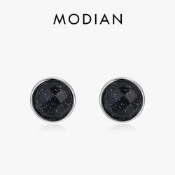 MODIAN 925 Sterling Silver Natural Aventurine Sparkling Round Stud Earrings For Women Birthday Fine Jewelry Gift Accessories
