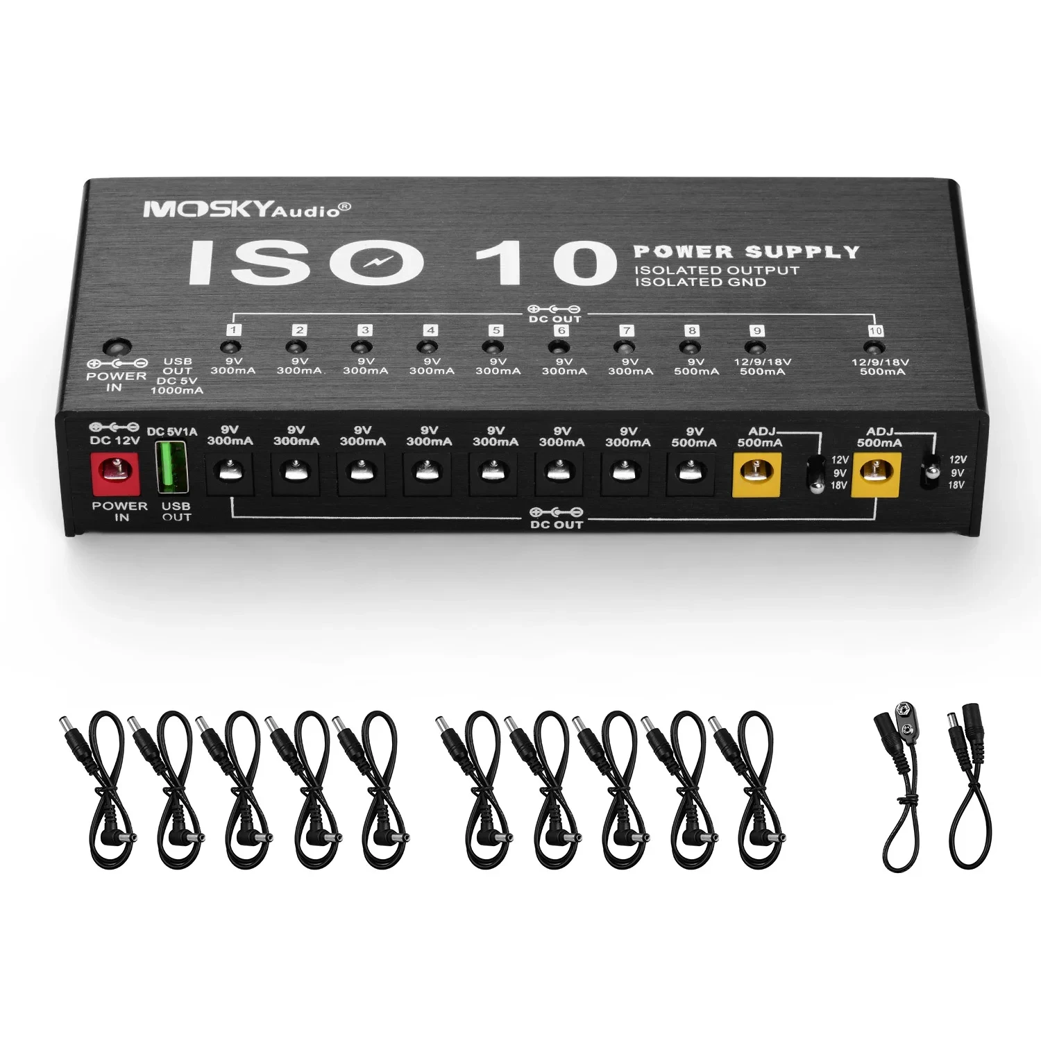 MOSKY ISO-10 Guitar Effect Pedal Power Supply 10 Isolated DC Outputs/ 5V USB Output for 9V 12V 18V Protection Guitar Accessories