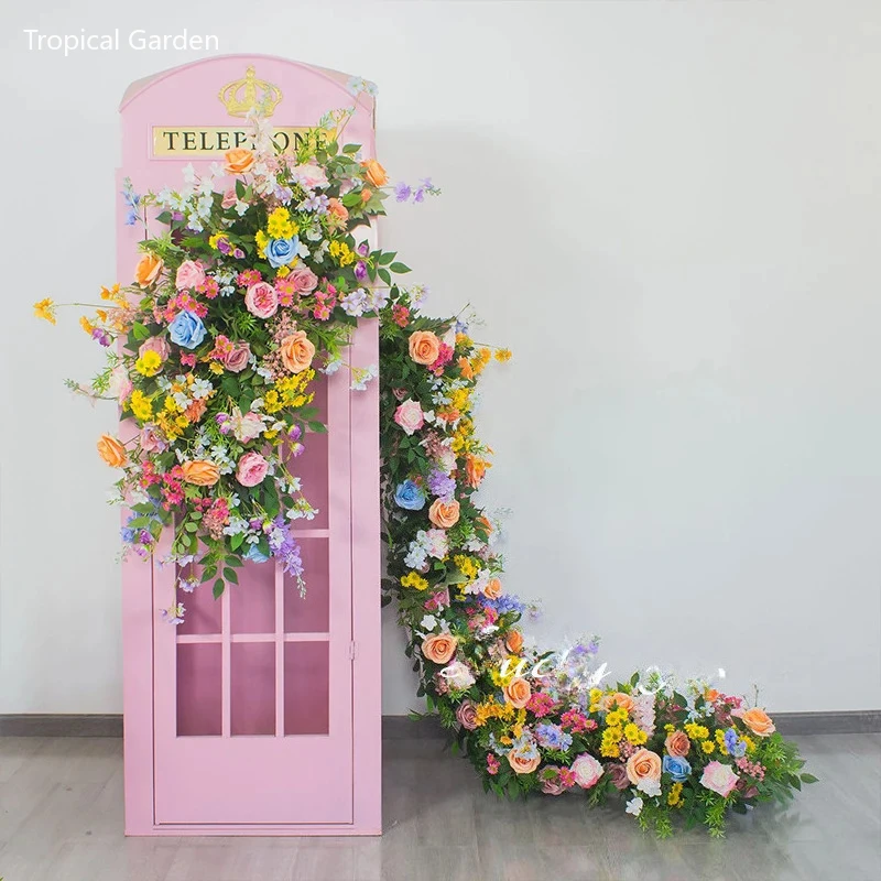

Colorful Artificial Flowers Wedding Decoration Telephone booth Decor Long Runner Flower Row Road Lead Flower Ball Hang Flowers