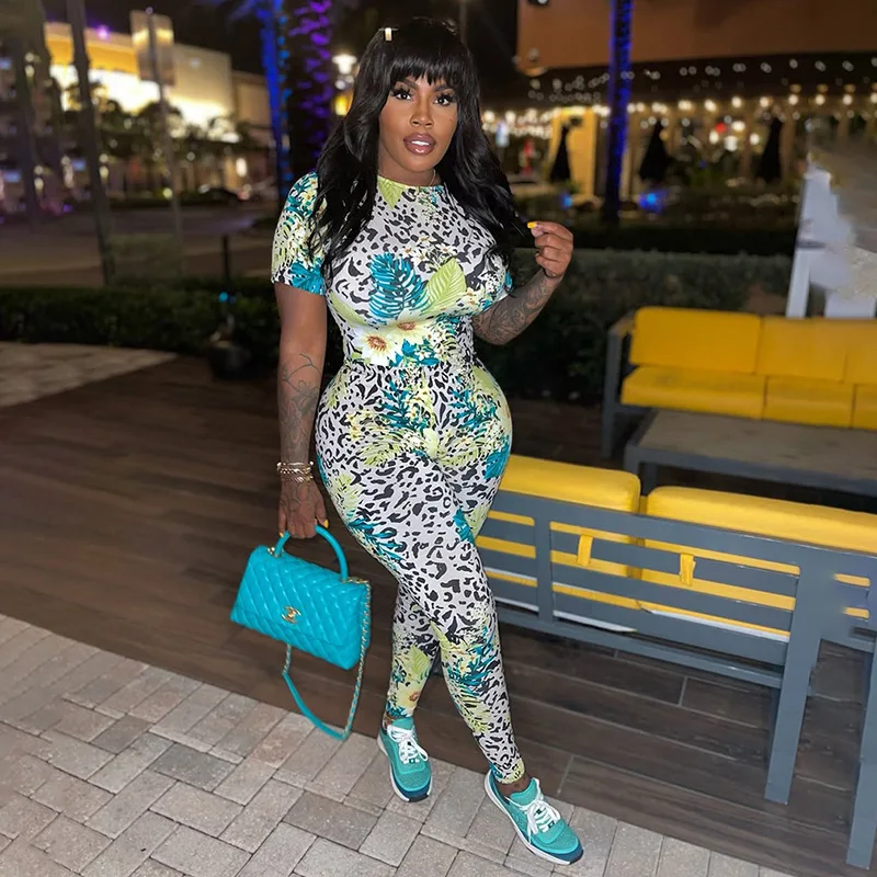 

Plants Flowers Leopard Print Skinny Jumpsuits Women 2025 Summer O-neck Short Sleeve Hipster Casual Streetwear Holiday Overalls