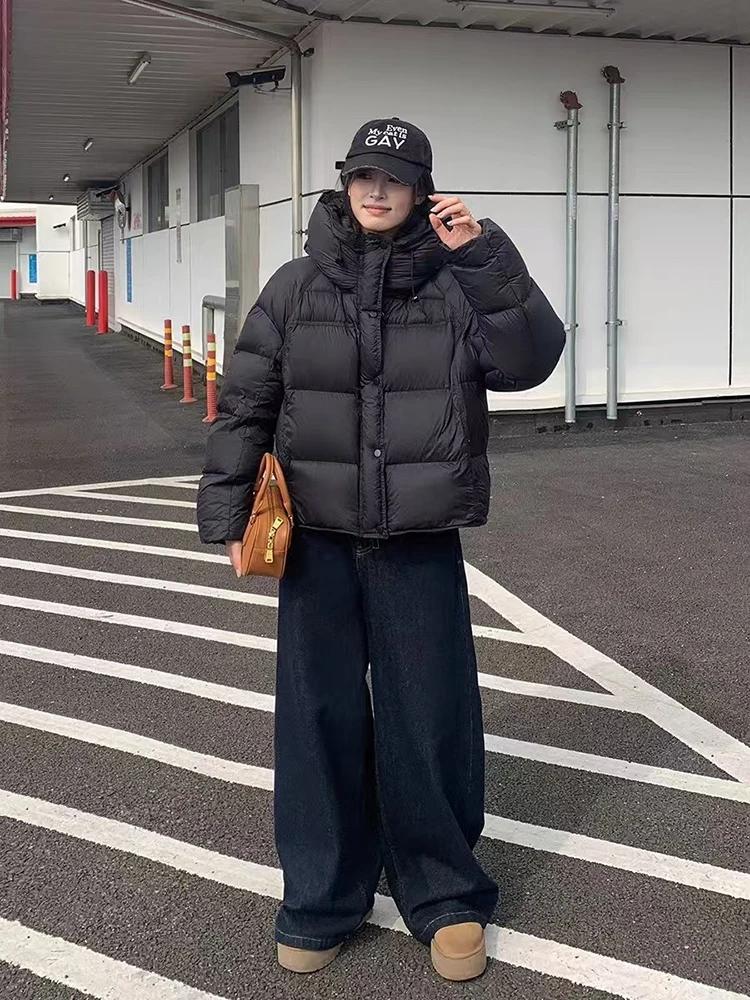 

Зимний толстый короткий пуховик с капюшоном, женский белый утиный пух, верхняя одежда Parker с завязками, женское теплое стеганое пальто с двойной молнией