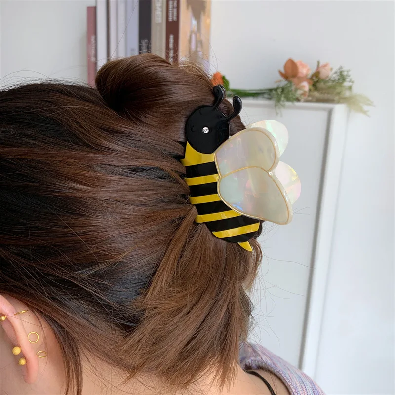 HANGZHI Yellow Black Stripe Rhinestone Bee Hair Clip Cute Cartoon Animal Shark Clip Unique Creative Hair Accessories For Women