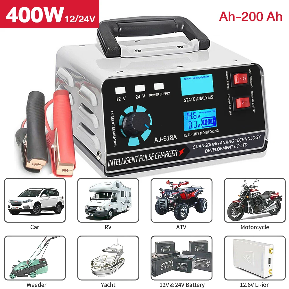 

Car Battery Charger 12V/24V 400W Large Power Battery Charger Trickle Smart Pulse Repair for Lead Acid Battery Lithium Battery