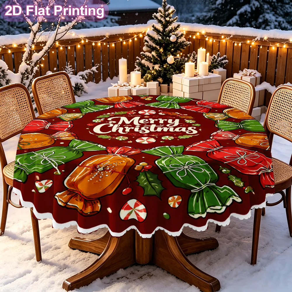 2D flat single-piece tablecloth, Christmas candy wreath, Halloween-themed design, scary round tablecloth