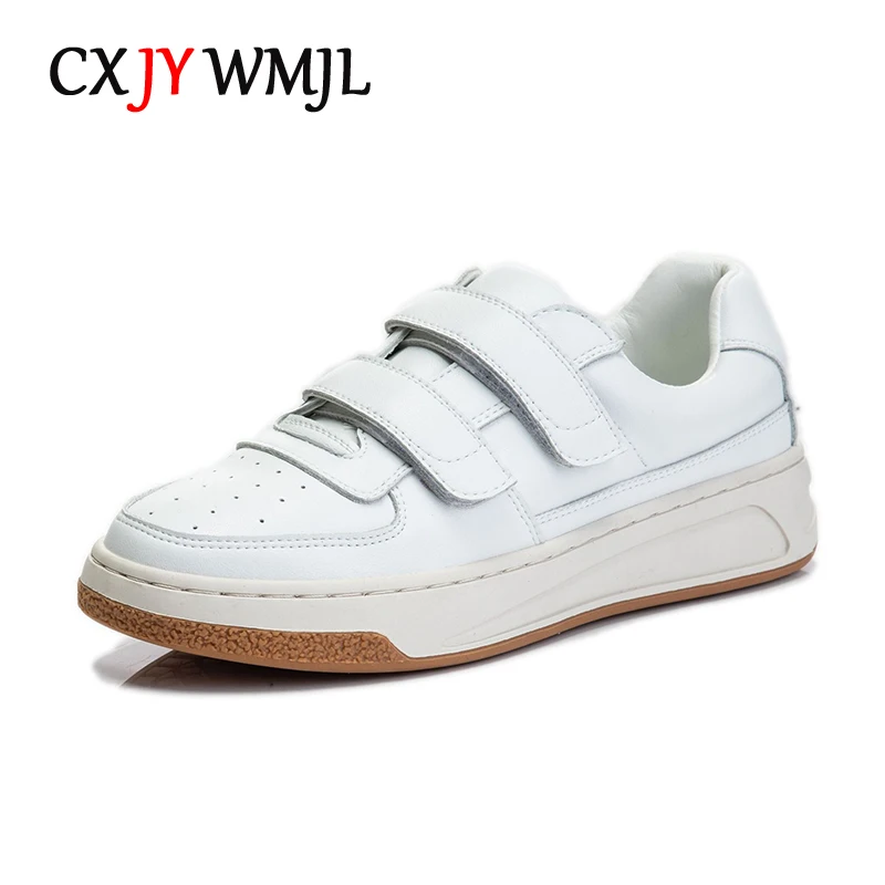 CXJYWMJL Genuine Leather Women Hook & Loop Sneakers Spring Thick Sole Little White Shoes Ladies Autumn Casual Vulcanized Shoes