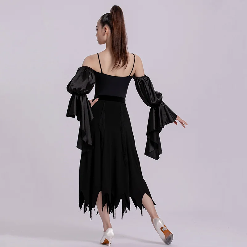 فستان رقص أسود قياسي قاعة الرقص الحديث أداء الملابس قبالة الكتف قاعة الرقص زي ارتداءها تنورة 2585